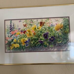 Vibrant Floral Watercolor Matted in Gold Frame and Signed By Artist 14” x 21”
